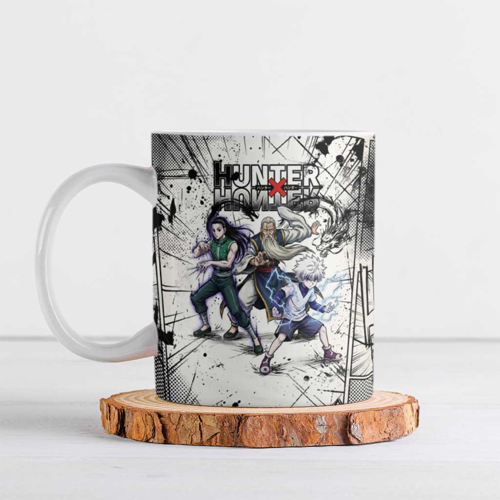 Killua Silva Illumi Team Design Ceramic Mug with Monochrome Graffiti Background and Hunter Association Symbols - The Mazicc