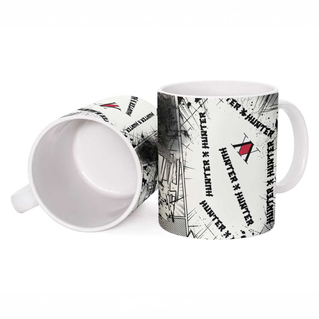 Killua Silva Illumi Team Design Ceramic Mug with Monochrome Graffiti Background and Hunter Association Symbols - The Mazicc