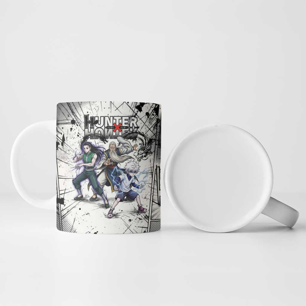 Killua Silva Illumi Team Design Ceramic Mug with Monochrome Graffiti Background and Hunter Association Symbols - The Mazicc
