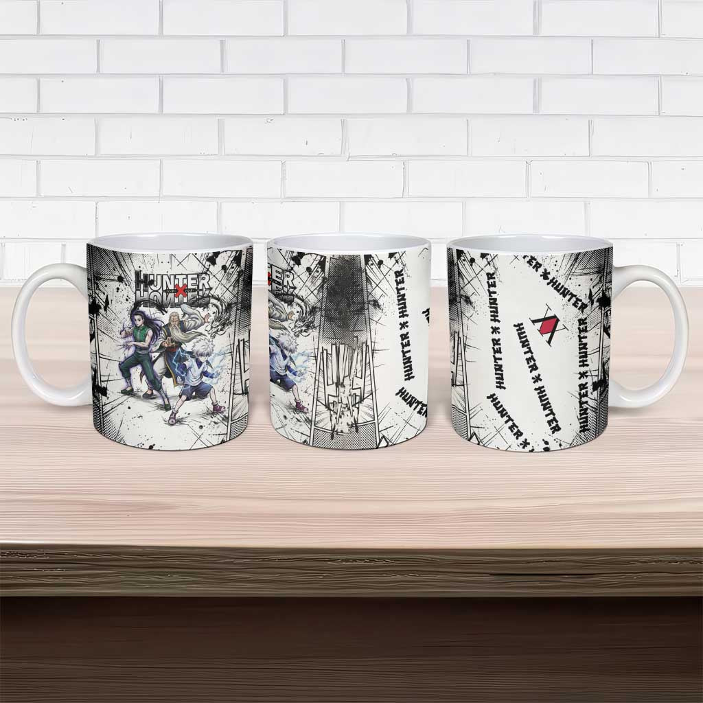 Killua Silva Illumi Team Design Ceramic Mug with Monochrome Graffiti Background and Hunter Association Symbols - The Mazicc