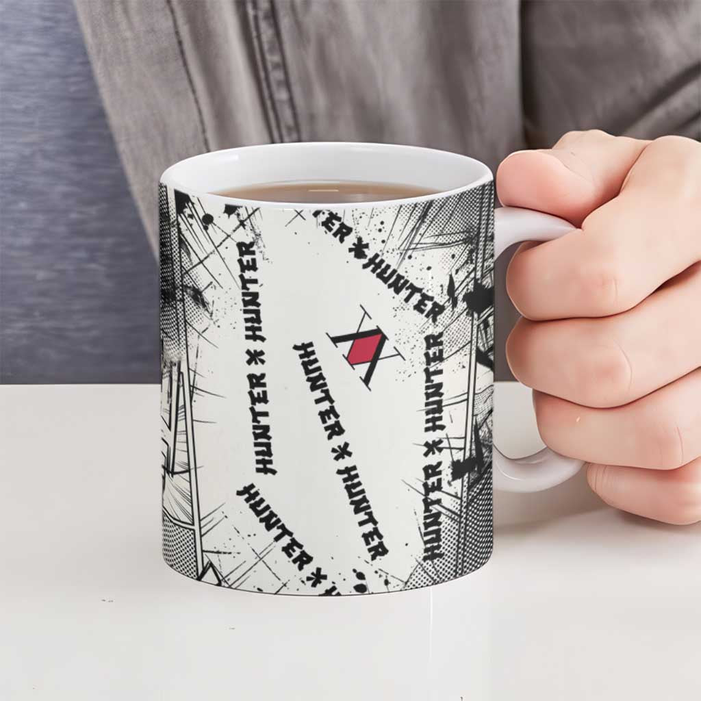 Killua Silva Illumi Team Design Ceramic Mug with Monochrome Graffiti Background and Hunter Association Symbols - The Mazicc
