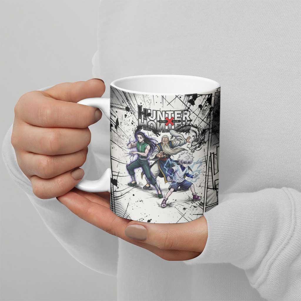 Killua Silva Illumi Team Design Ceramic Mug with Monochrome Graffiti Background and Hunter Association Symbols - The Mazicc