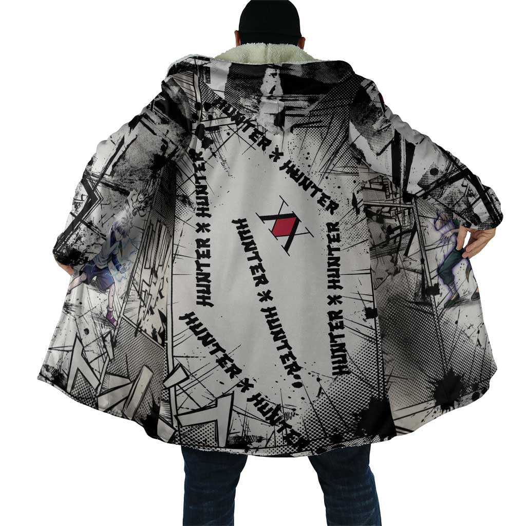 Killua Silva Illumi Team Design Cloak with Monochrome Graffiti Background and Hunter Association Symbols - The Mazicc