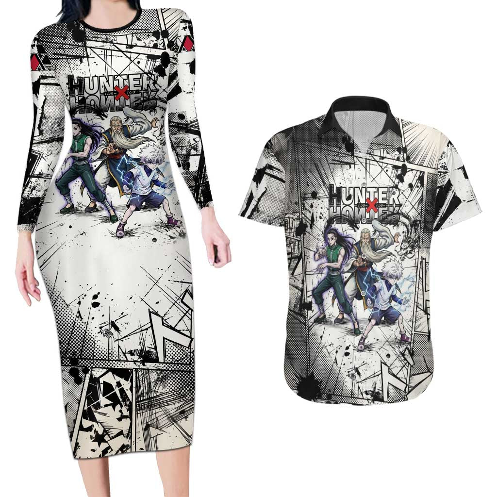 Killua Silva Illumi Team Design Couples Matching Long Sleeve Bodycon Dress and Hawaiian Shirt with Monochrome Graffiti Background and Hunter Association Symbols - The Mazicc
