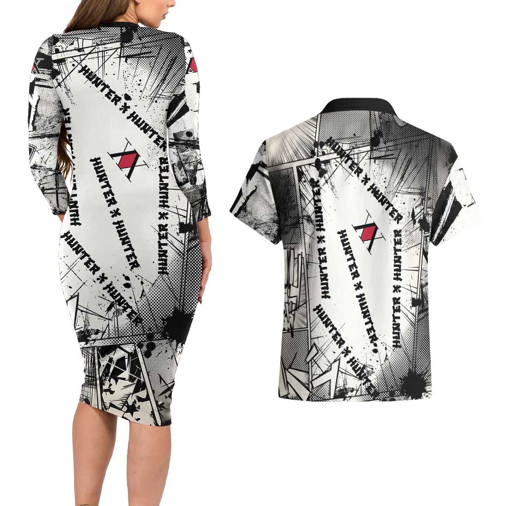 Killua Silva Illumi Team Design Couples Matching Long Sleeve Bodycon Dress and Hawaiian Shirt with Monochrome Graffiti Background and Hunter Association Symbols - The Mazicc