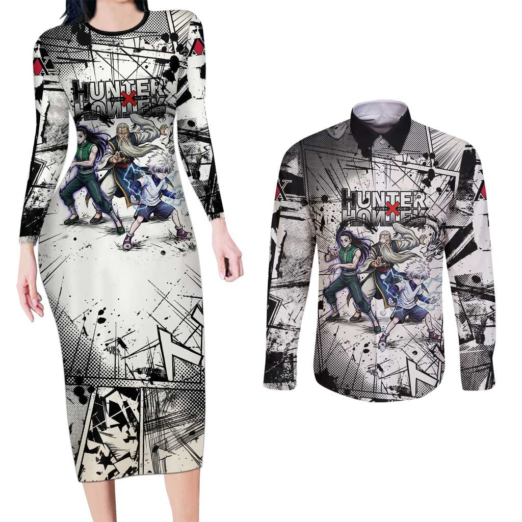 Killua Silva Illumi Team Design Couples Matching Long Sleeve Bodycon Dress and Long Sleeve Button Shirt with Monochrome Graffiti Background and Hunter Association Symbols - The Mazicc