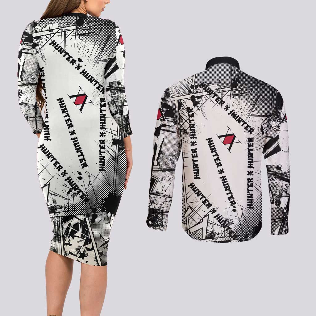 Killua Silva Illumi Team Design Couples Matching Long Sleeve Bodycon Dress and Long Sleeve Button Shirt with Monochrome Graffiti Background and Hunter Association Symbols - The Mazicc