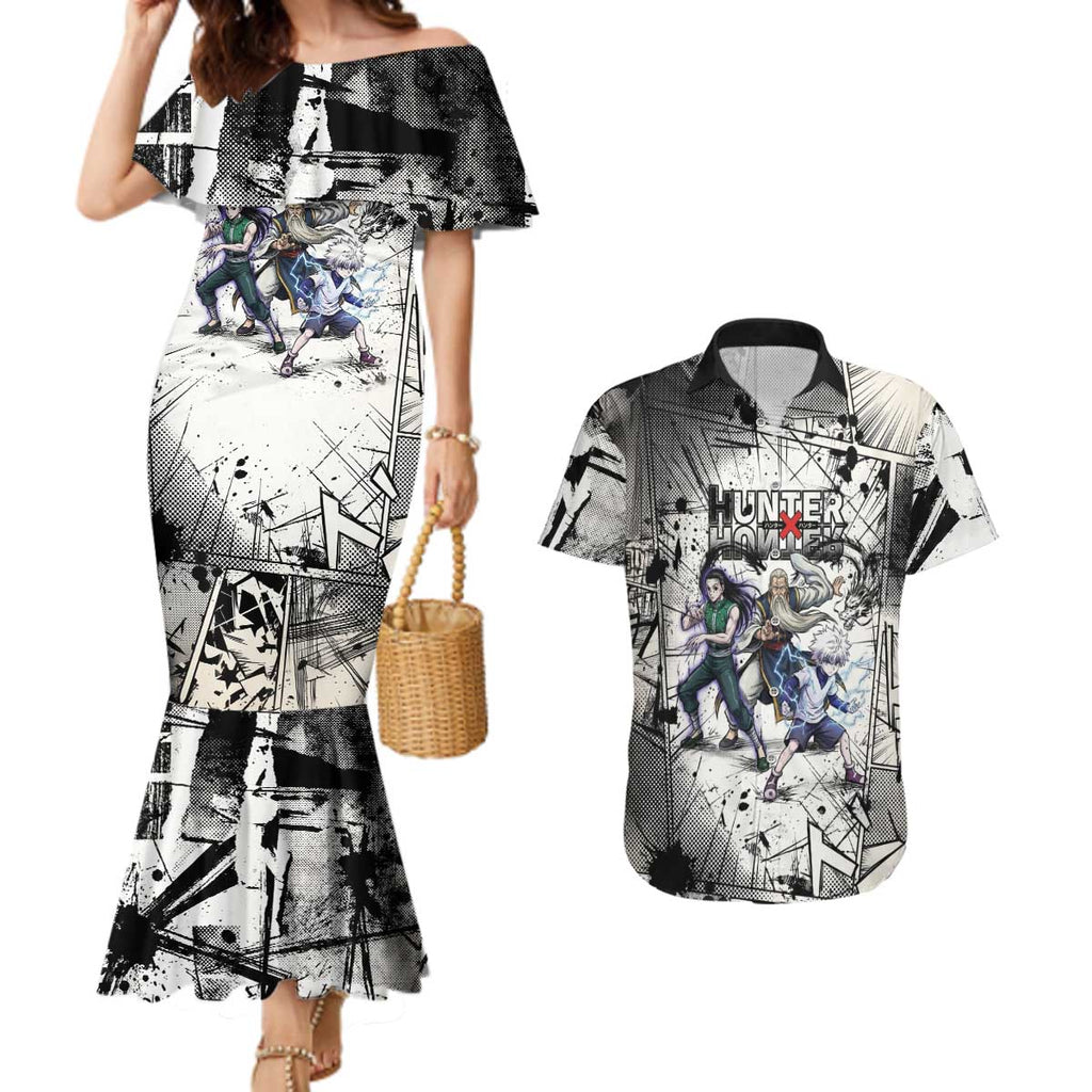 Killua Silva Illumi Team Design Couples Matching Mermaid Dress and Hawaiian Shirt with Monochrome Graffiti Background and Hunter Association Symbols - The Mazicc