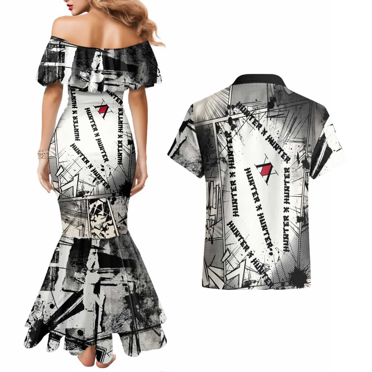 Killua Silva Illumi Team Design Couples Matching Mermaid Dress and Hawaiian Shirt with Monochrome Graffiti Background and Hunter Association Symbols - The Mazicc