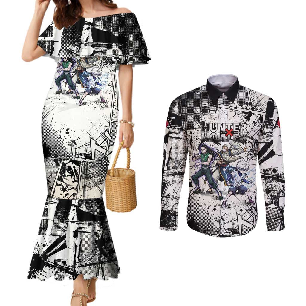 Killua Silva Illumi Team Design Couples Matching Mermaid Dress and Long Sleeve Button Shirt with Monochrome Graffiti Background and Hunter Association Symbols - The Mazicc
