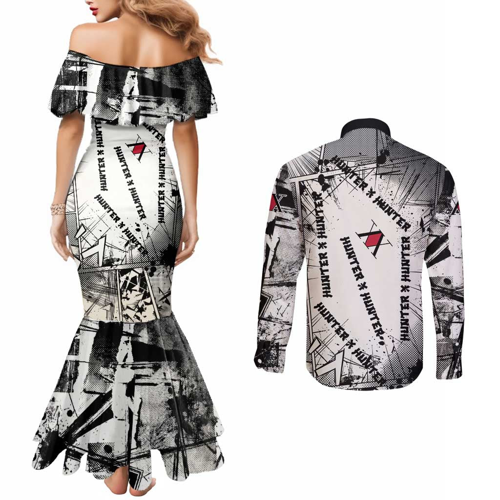 Killua Silva Illumi Team Design Couples Matching Mermaid Dress and Long Sleeve Button Shirt with Monochrome Graffiti Background and Hunter Association Symbols - The Mazicc