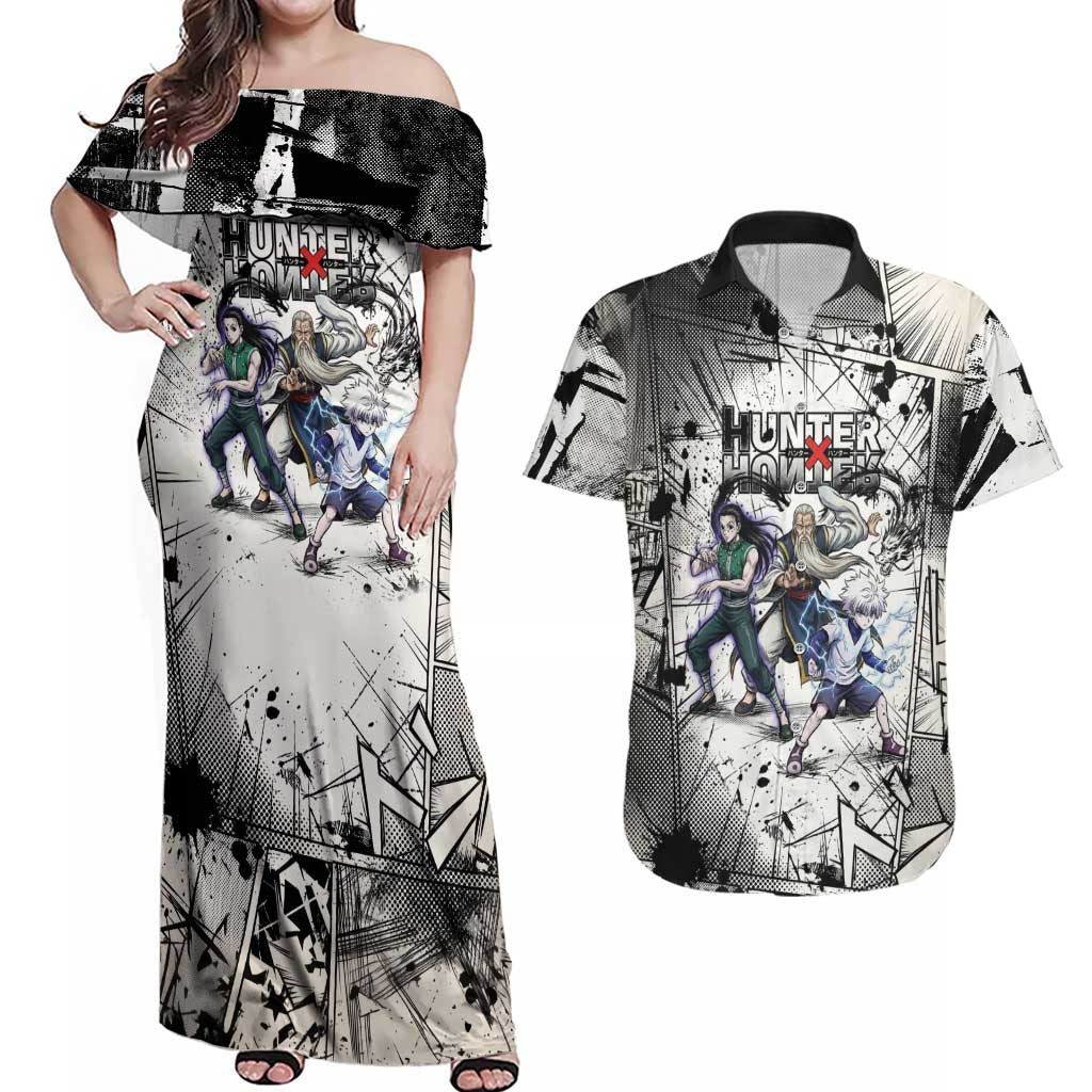 Killua Silva Illumi Team Design Couples Matching Off Shoulder Maxi Dress and Hawaiian Shirt with Monochrome Graffiti Background and Hunter Association Symbols - The Mazicc