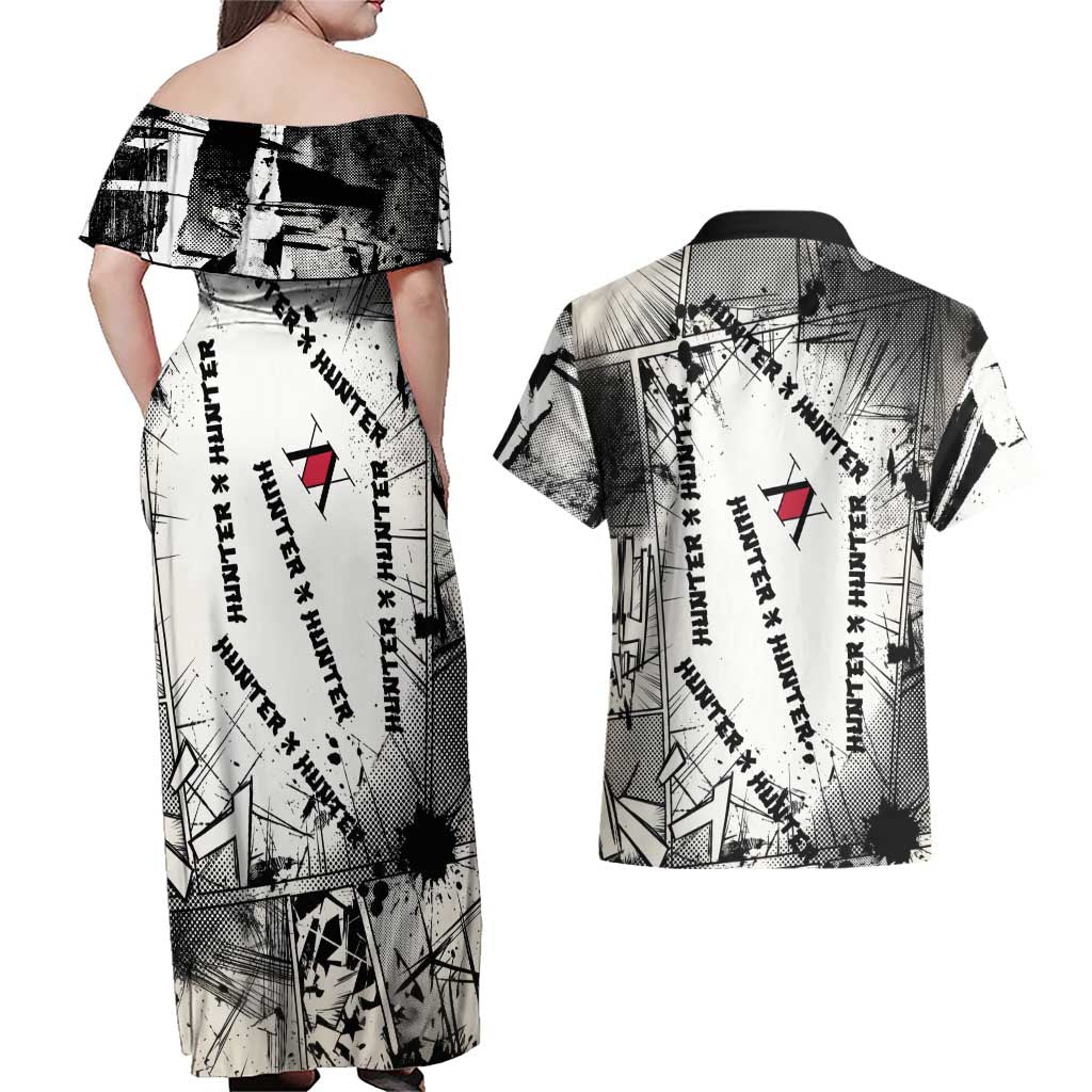 Killua Silva Illumi Team Design Couples Matching Off Shoulder Maxi Dress and Hawaiian Shirt with Monochrome Graffiti Background and Hunter Association Symbols - The Mazicc