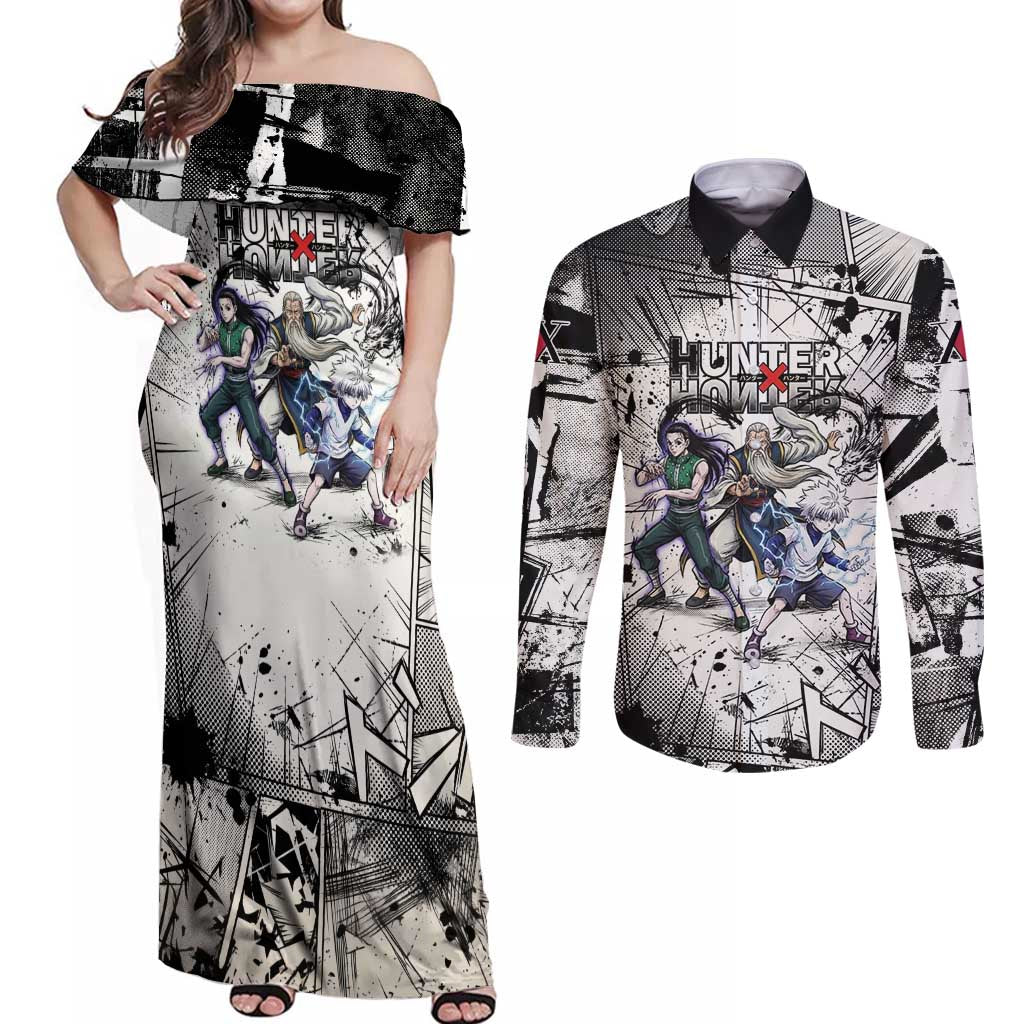 Killua Silva Illumi Team Design Couples Matching Off Shoulder Maxi Dress and Long Sleeve Button Shirt with Monochrome Graffiti Background and Hunter Association Symbols - The Mazicc