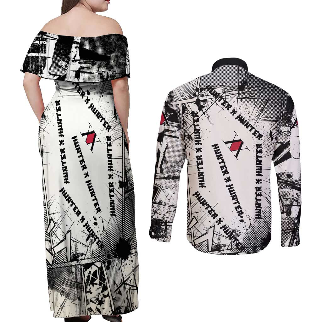 Killua Silva Illumi Team Design Couples Matching Off Shoulder Maxi Dress and Long Sleeve Button Shirt with Monochrome Graffiti Background and Hunter Association Symbols - The Mazicc