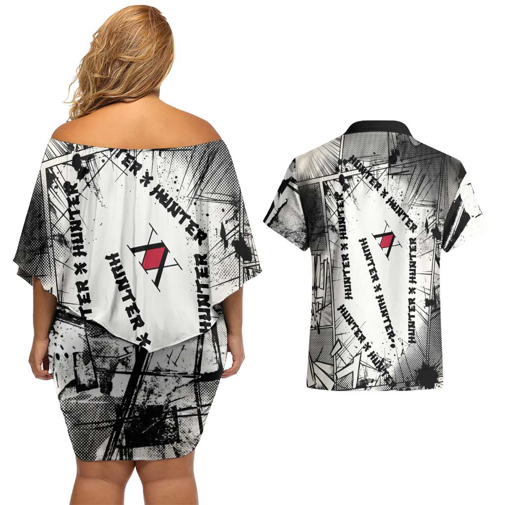 Killua Silva Illumi Team Design Couples Matching Off Shoulder Short Dress and Hawaiian Shirt with Monochrome Graffiti Background and Hunter Association Symbols - The Mazicc