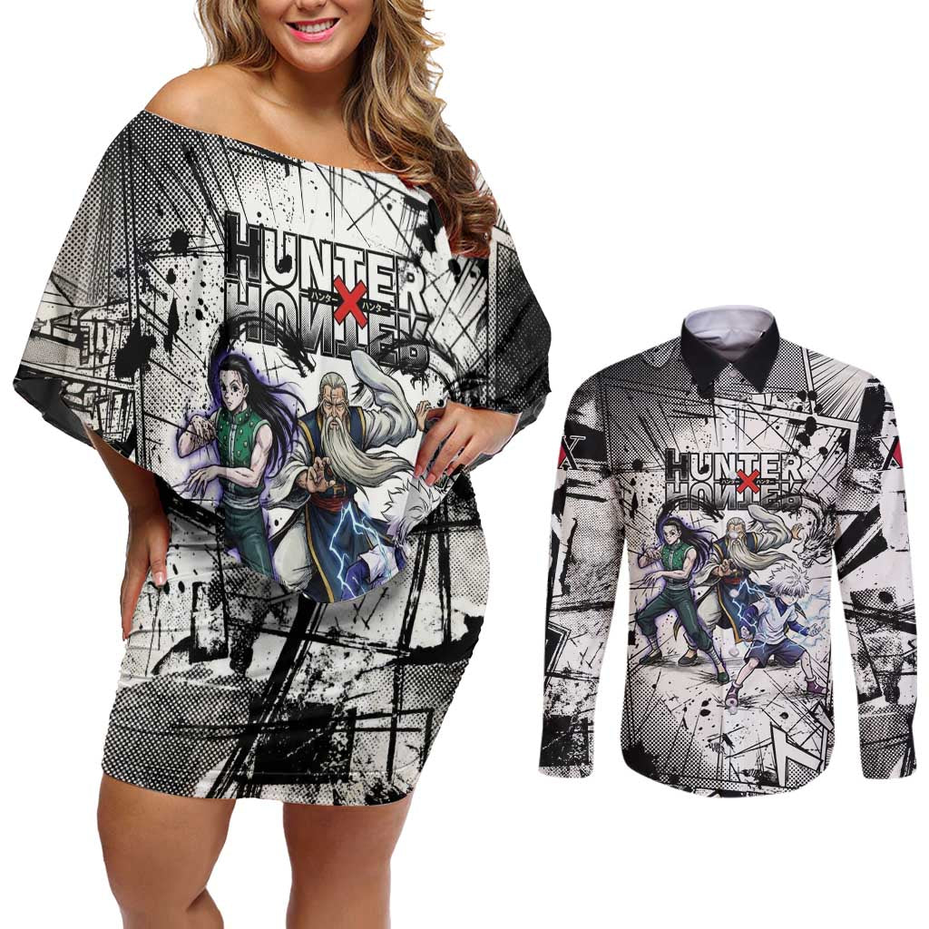 Killua Silva Illumi Team Design Couples Matching Off Shoulder Short Dress and Long Sleeve Button Shirt with Monochrome Graffiti Background and Hunter Association Symbols - The Mazicc