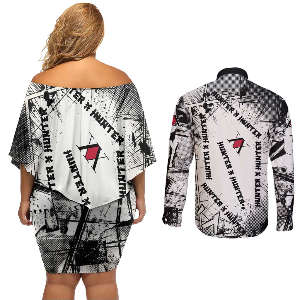 Killua Silva Illumi Team Design Couples Matching Off Shoulder Short Dress and Long Sleeve Button Shirt with Monochrome Graffiti Background and Hunter Association Symbols - The Mazicc