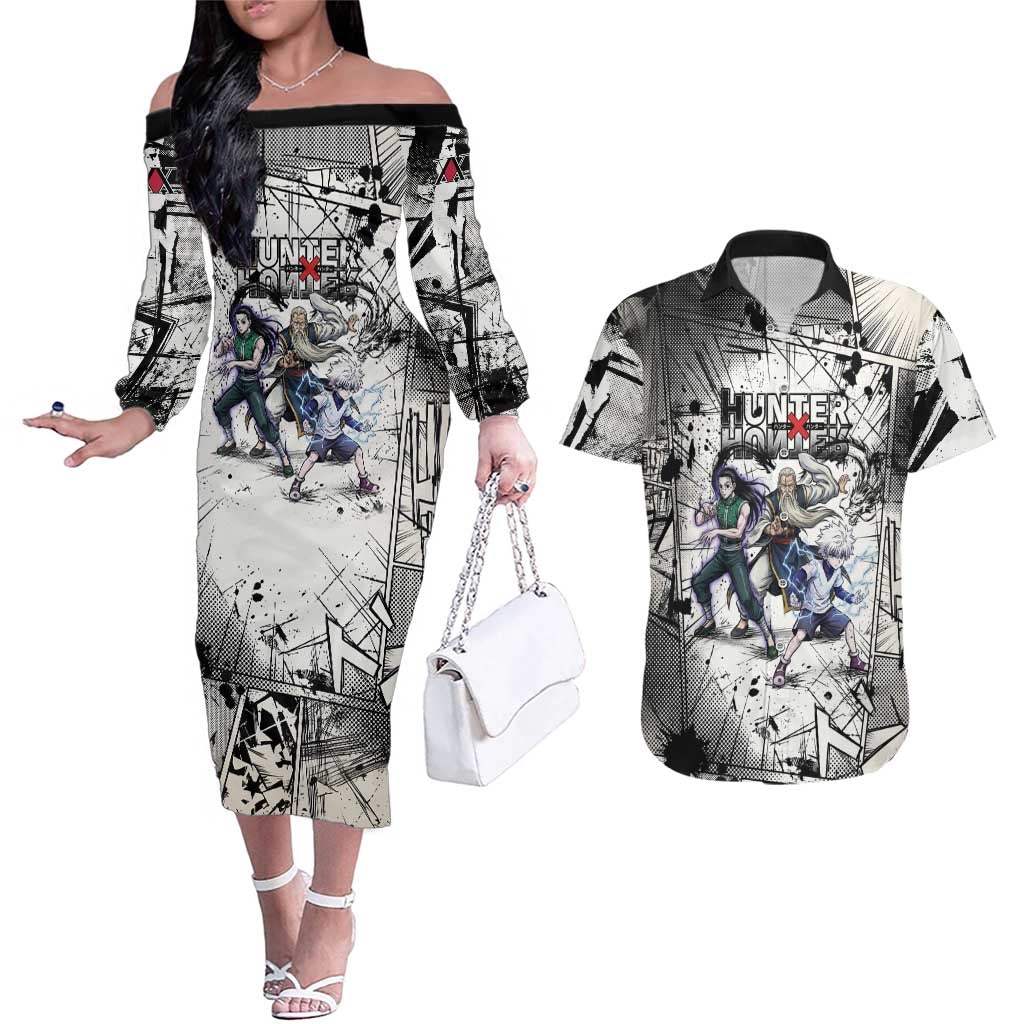 Killua Silva Illumi Team Design Couples Matching Off The Shoulder Long Sleeve Dress and Hawaiian Shirt with Monochrome Graffiti Background and Hunter Association Symbols - The Mazicc