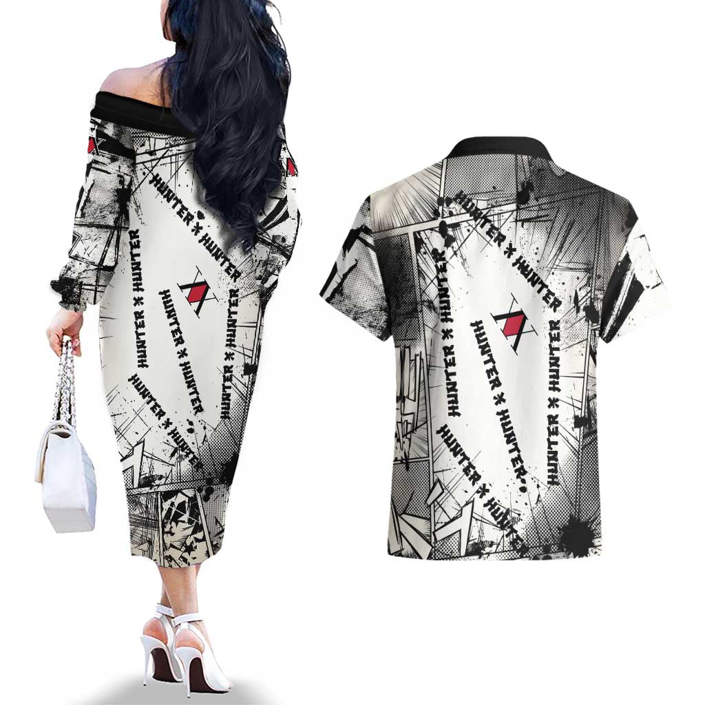 Killua Silva Illumi Team Design Couples Matching Off The Shoulder Long Sleeve Dress and Hawaiian Shirt with Monochrome Graffiti Background and Hunter Association Symbols - The Mazicc