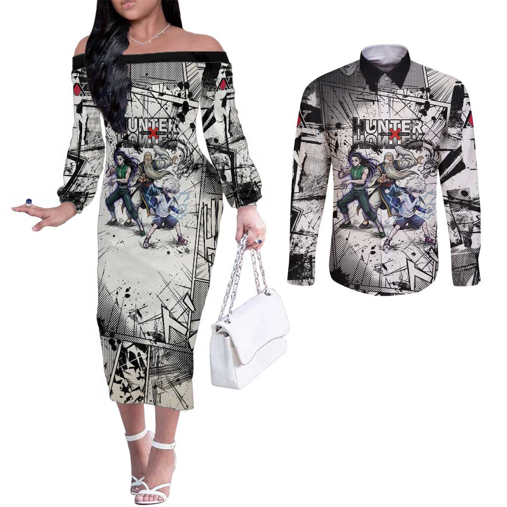 Killua Silva Illumi Team Design Couples Matching Off The Shoulder Long Sleeve Dress and Long Sleeve Button Shirt with Monochrome Graffiti Background and Hunter Association Symbols - The Mazicc