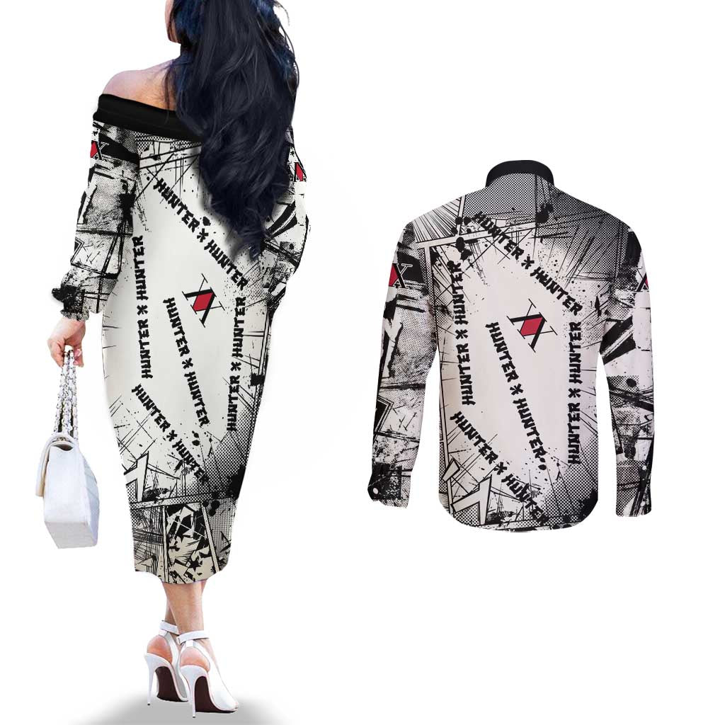 Killua Silva Illumi Team Design Couples Matching Off The Shoulder Long Sleeve Dress and Long Sleeve Button Shirt with Monochrome Graffiti Background and Hunter Association Symbols - The Mazicc
