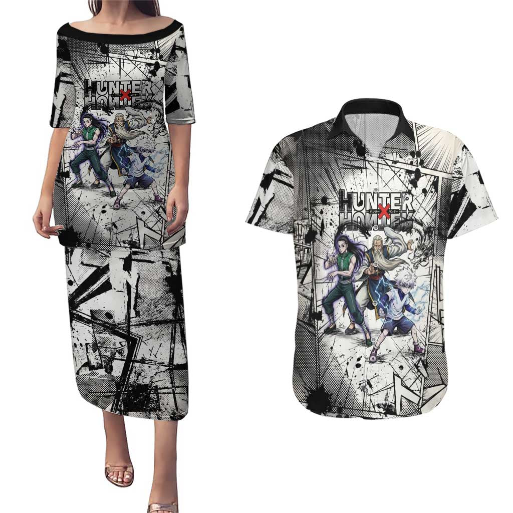 Killua Silva Illumi Team Design Couples Matching Puletasi and Hawaiian Shirt with Monochrome Graffiti Background and Hunter Association Symbols - The Mazicc