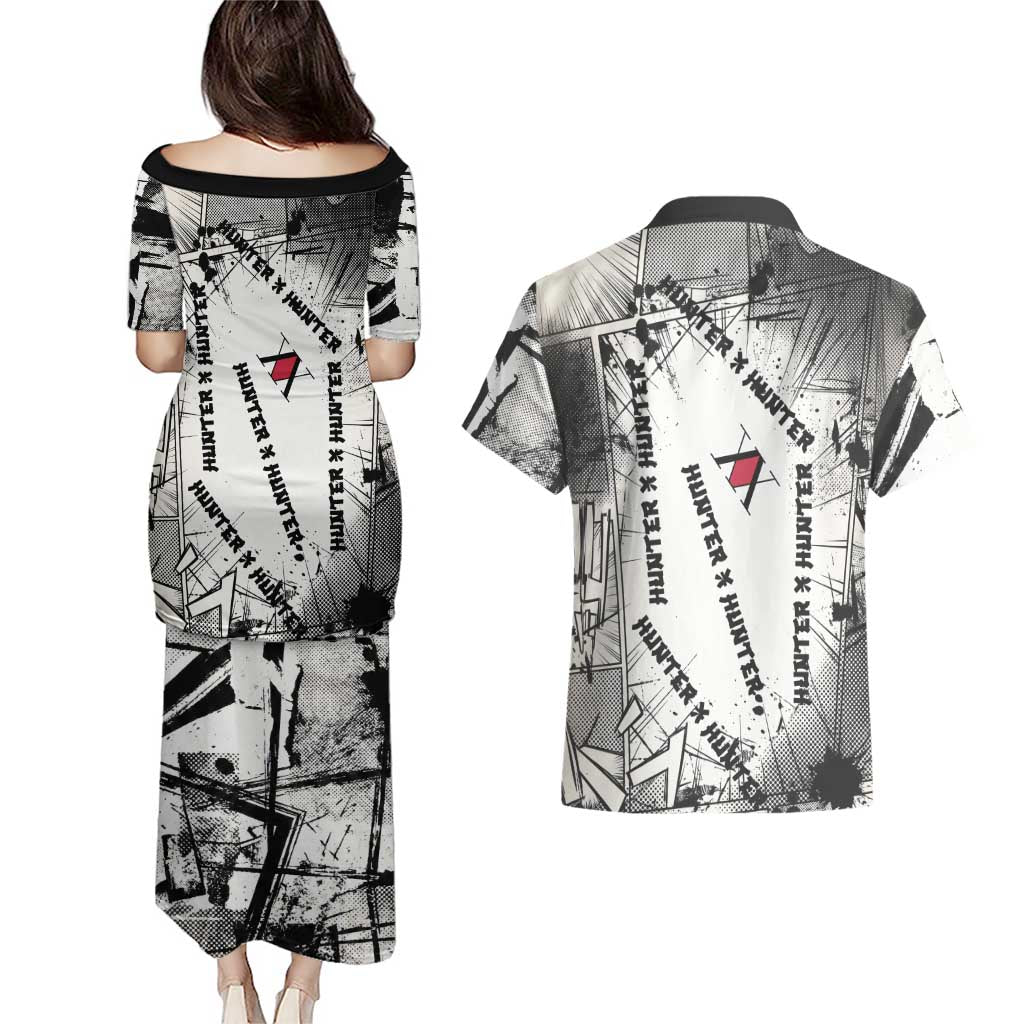 Killua Silva Illumi Team Design Couples Matching Puletasi and Hawaiian Shirt with Monochrome Graffiti Background and Hunter Association Symbols - The Mazicc