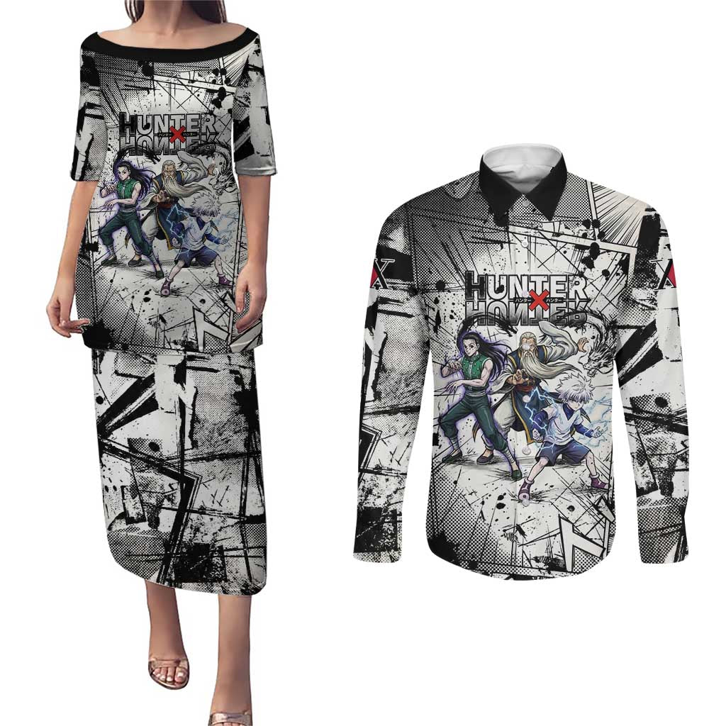 Killua Silva Illumi Team Design Couples Matching Puletasi and Long Sleeve Button Shirt with Monochrome Graffiti Background and Hunter Association Symbols - The Mazicc