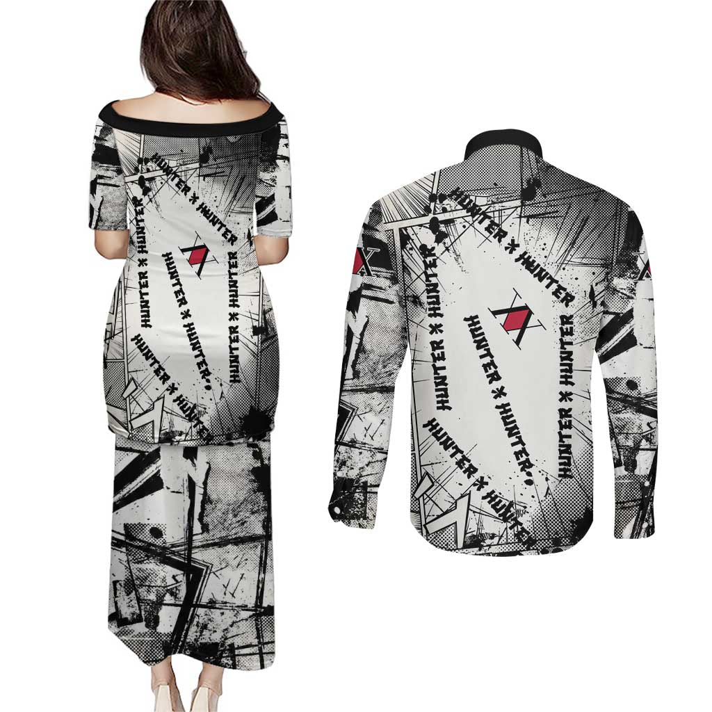 Killua Silva Illumi Team Design Couples Matching Puletasi and Long Sleeve Button Shirt with Monochrome Graffiti Background and Hunter Association Symbols - The Mazicc