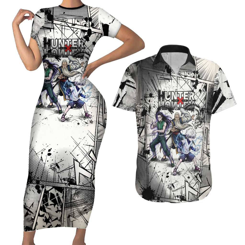 Killua Silva Illumi Team Design Couples Matching Short Sleeve Bodycon Dress and Hawaiian Shirt with Monochrome Graffiti Background and Hunter Association Symbols - The Mazicc