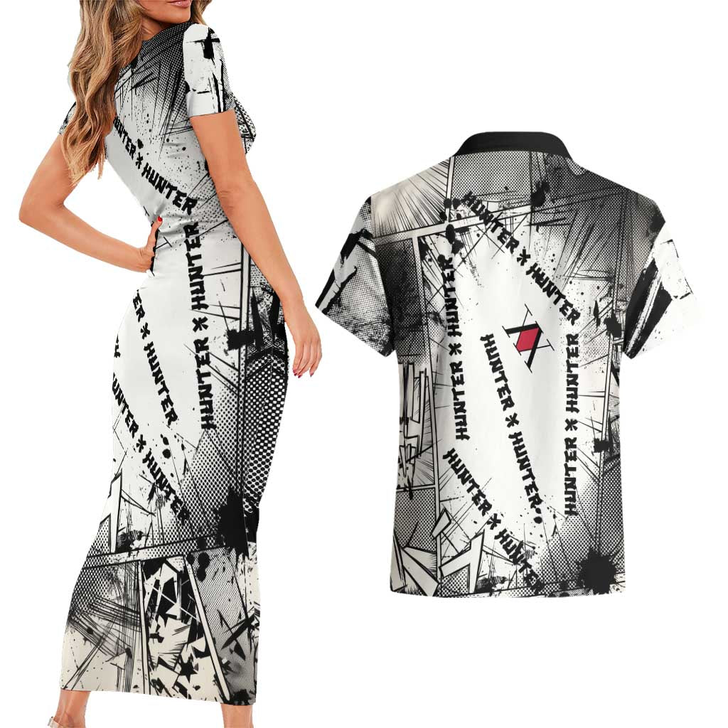 Killua Silva Illumi Team Design Couples Matching Short Sleeve Bodycon Dress and Hawaiian Shirt with Monochrome Graffiti Background and Hunter Association Symbols - The Mazicc