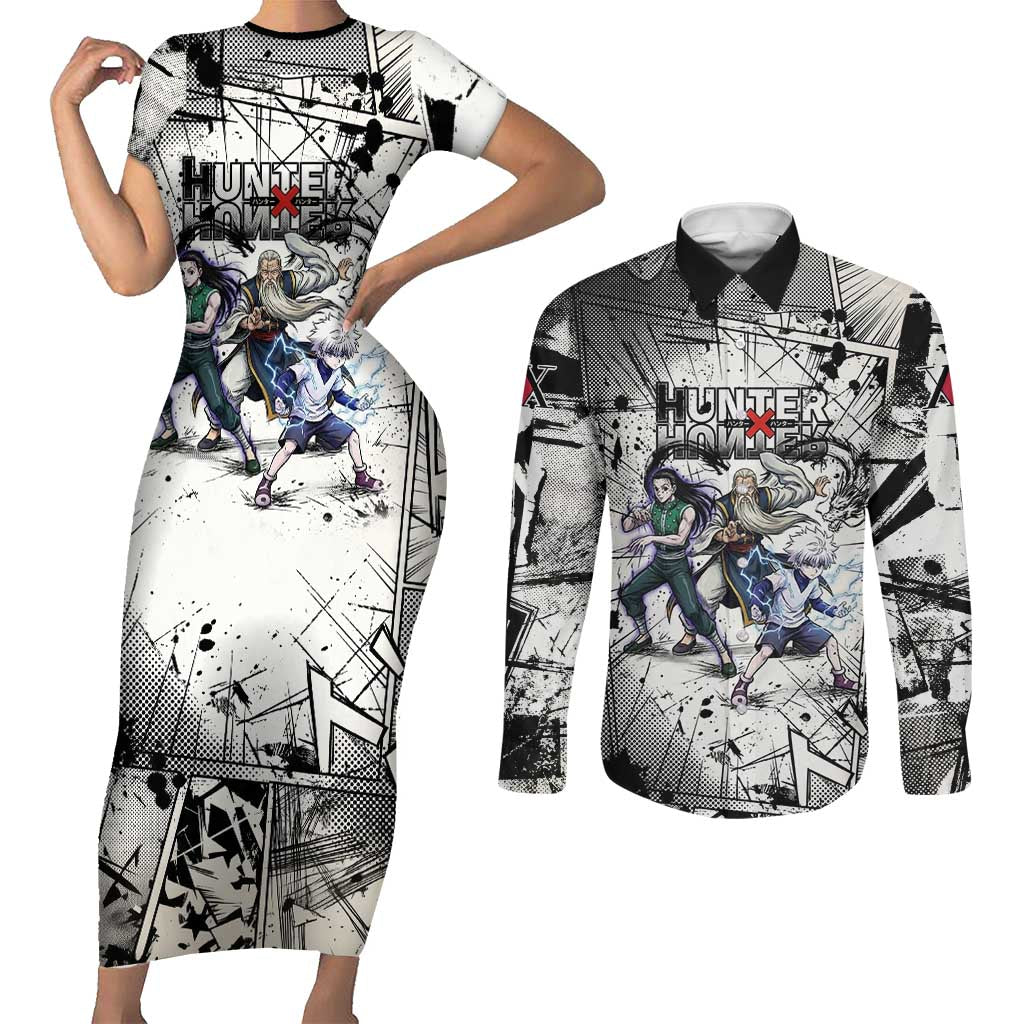 Killua Silva Illumi Team Design Couples Matching Short Sleeve Bodycon Dress and Long Sleeve Button Shirt with Monochrome Graffiti Background and Hunter Association Symbols - The Mazicc