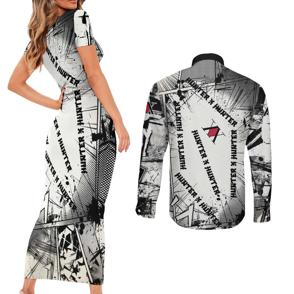 Killua Silva Illumi Team Design Couples Matching Short Sleeve Bodycon Dress and Long Sleeve Button Shirt with Monochrome Graffiti Background and Hunter Association Symbols - The Mazicc