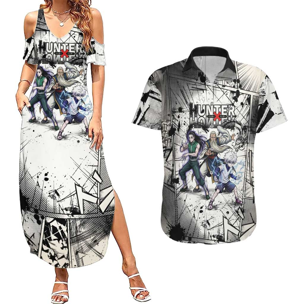 Killua Silva Illumi Team Design Couples Matching Summer Maxi Dress and Hawaiian Shirt with Monochrome Graffiti Background and Hunter Association Symbols - The Mazicc