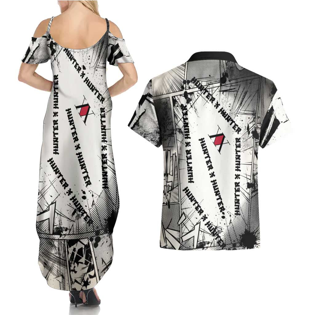 Killua Silva Illumi Team Design Couples Matching Summer Maxi Dress and Hawaiian Shirt with Monochrome Graffiti Background and Hunter Association Symbols - The Mazicc