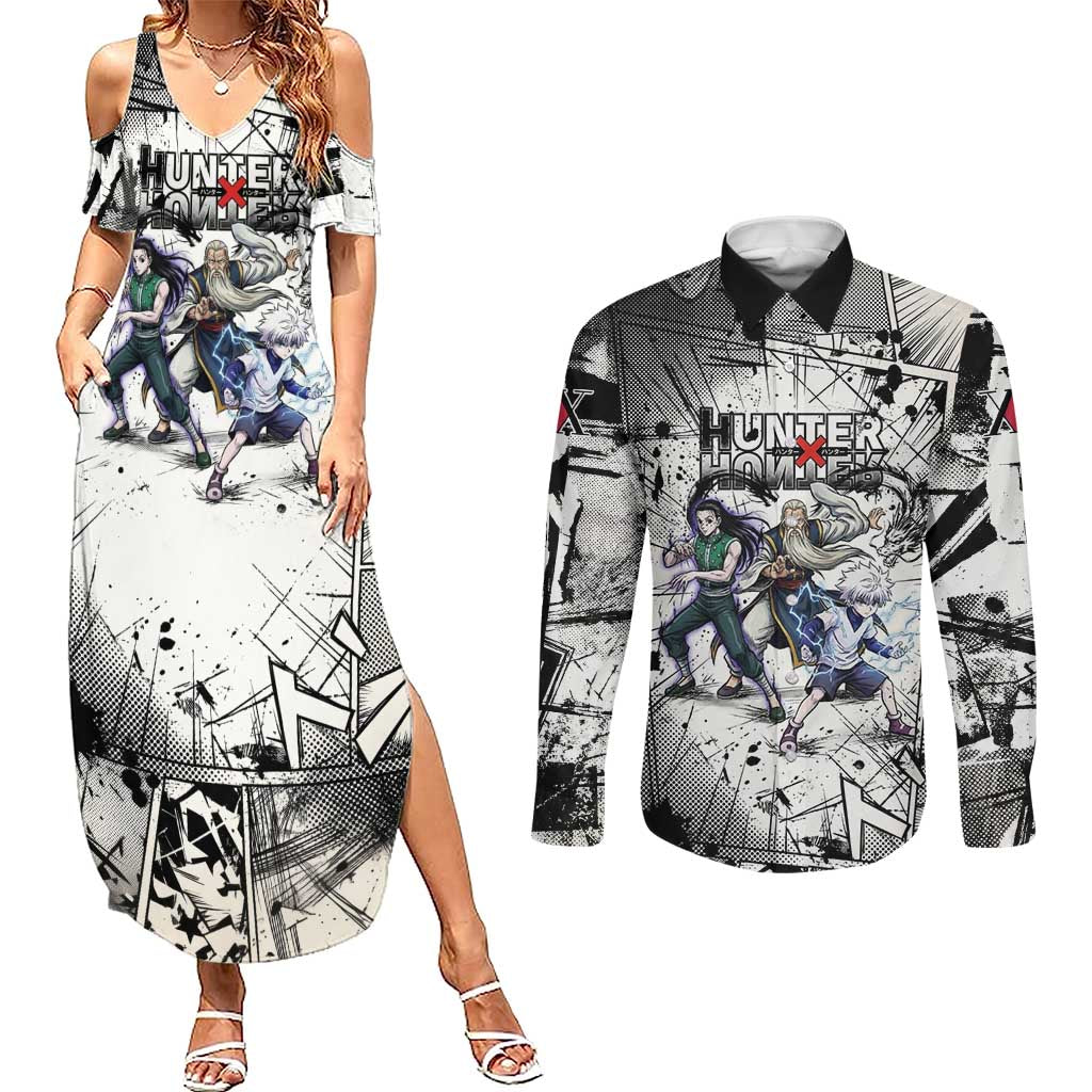 Killua Silva Illumi Team Design Couples Matching Summer Maxi Dress and Long Sleeve Button Shirt with Monochrome Graffiti Background and Hunter Association Symbols - The Mazicc