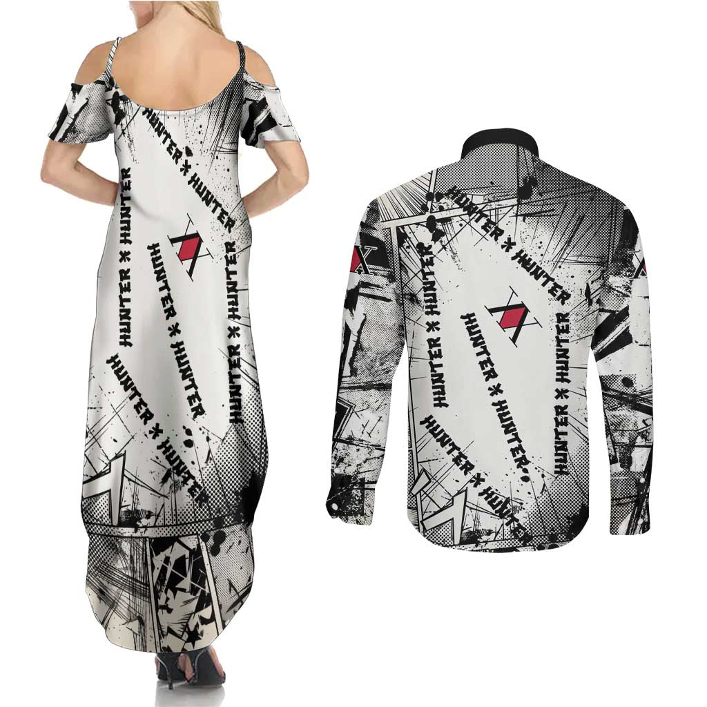 Killua Silva Illumi Team Design Couples Matching Summer Maxi Dress and Long Sleeve Button Shirt with Monochrome Graffiti Background and Hunter Association Symbols - The Mazicc