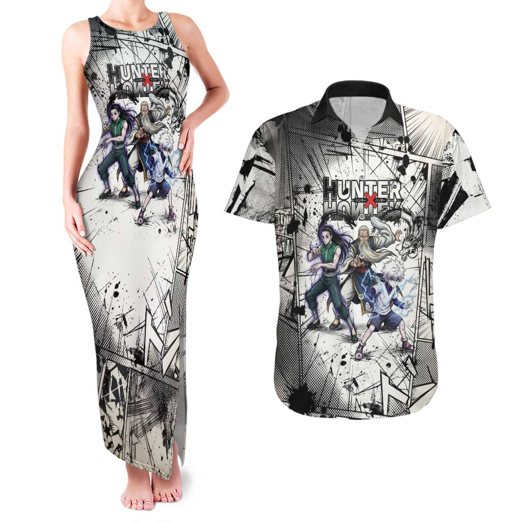 Killua Silva Illumi Team Design Couples Matching Tank Maxi Dress and Hawaiian Shirt with Monochrome Graffiti Background and Hunter Association Symbols - The Mazicc