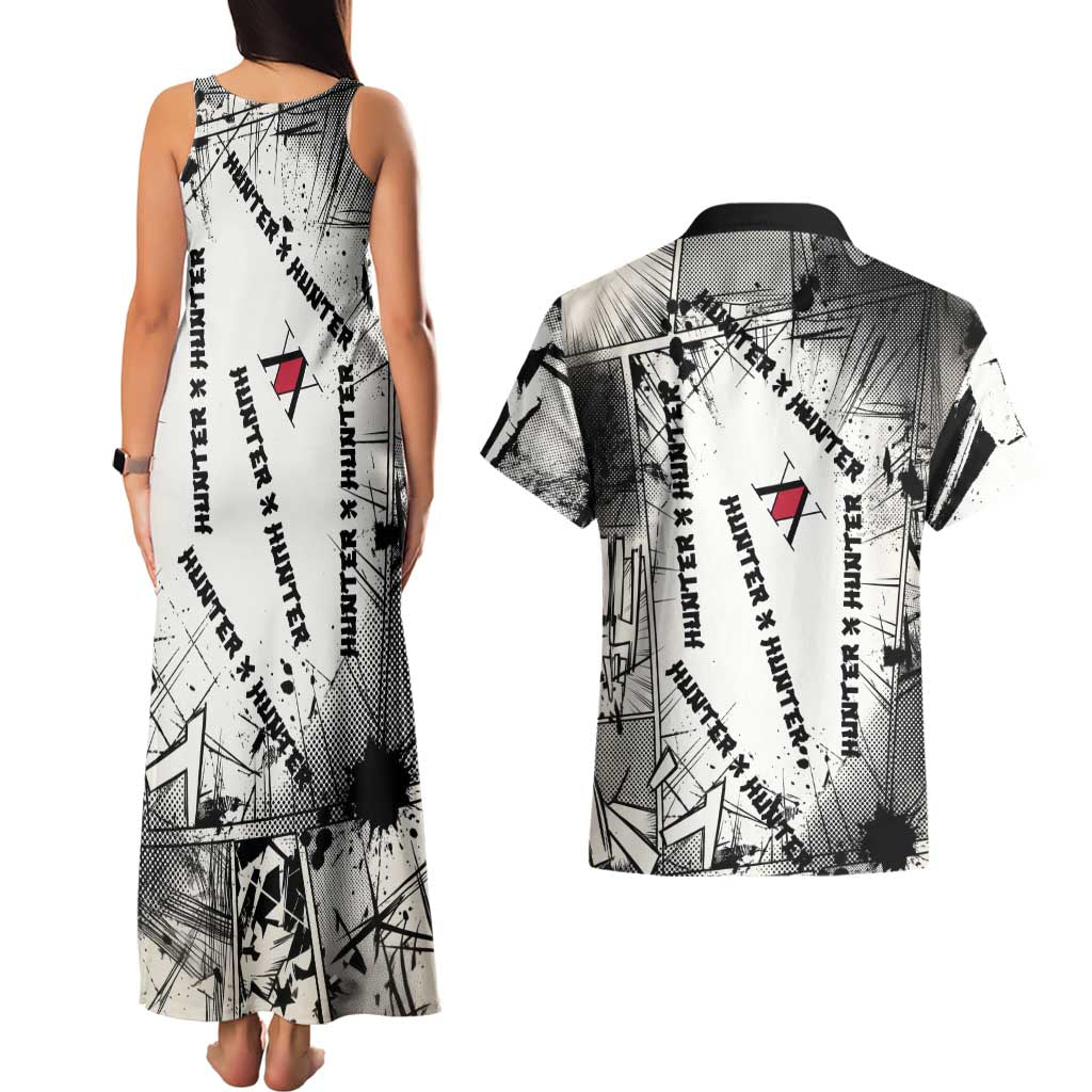 Killua Silva Illumi Team Design Couples Matching Tank Maxi Dress and Hawaiian Shirt with Monochrome Graffiti Background and Hunter Association Symbols - The Mazicc