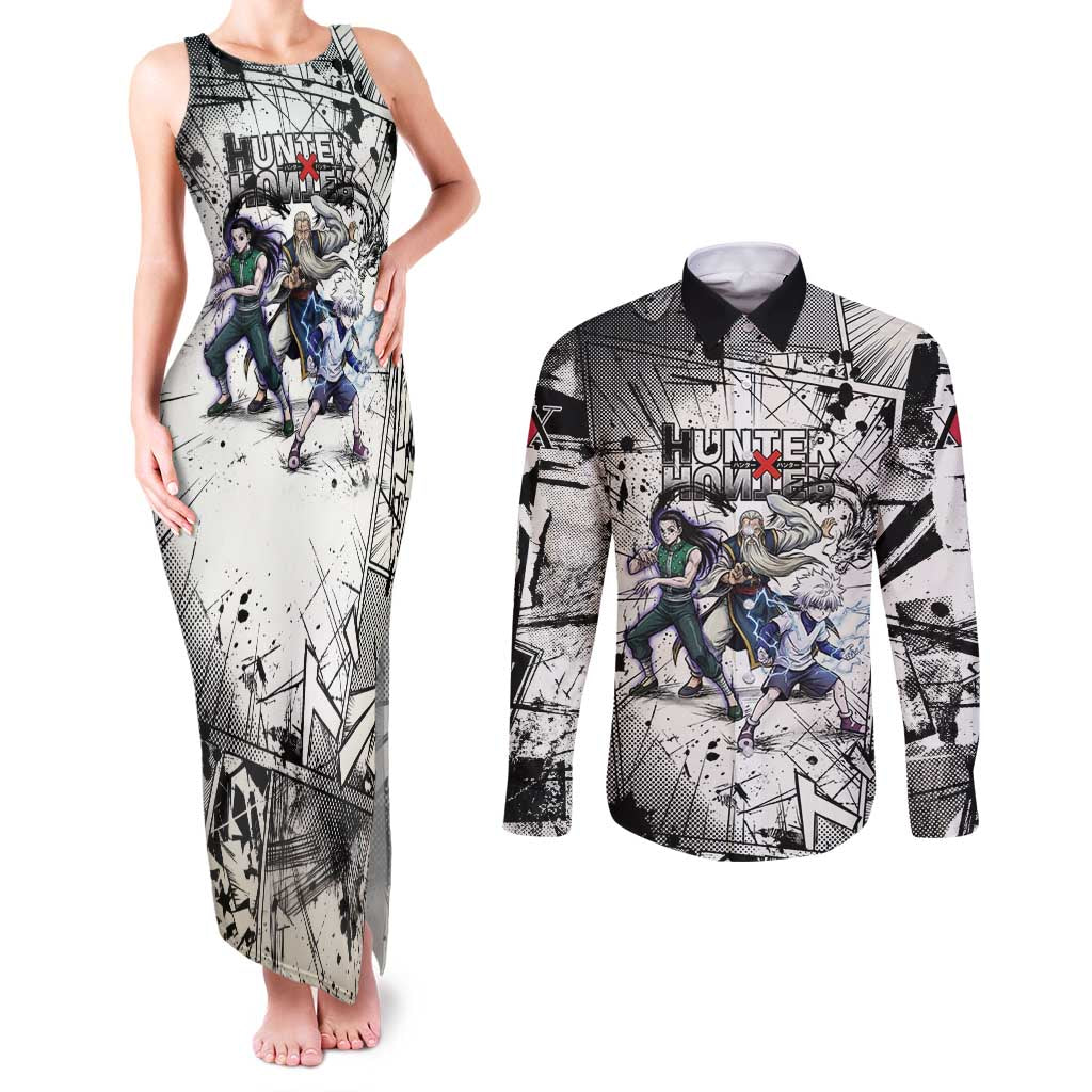 Killua Silva Illumi Team Design Couples Matching Tank Maxi Dress and Long Sleeve Button Shirt with Monochrome Graffiti Background and Hunter Association Symbols - The Mazicc