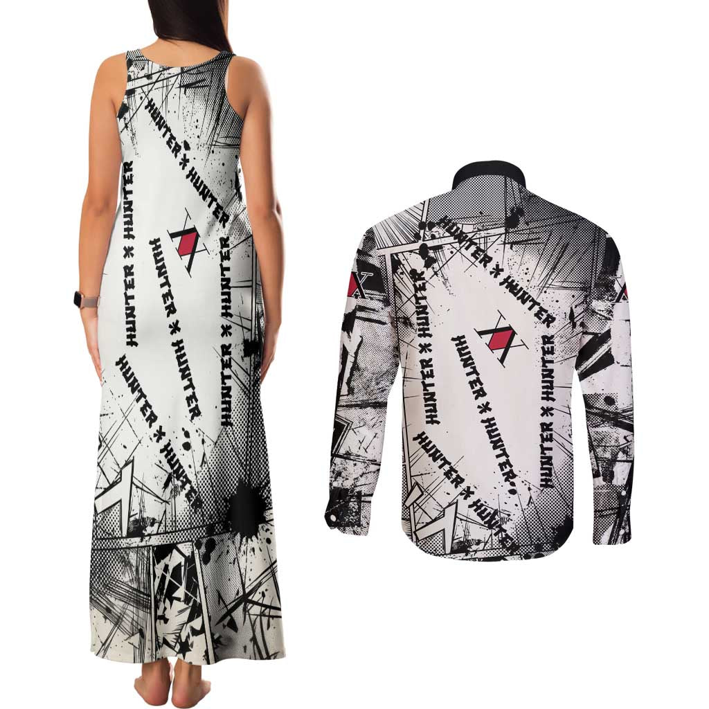 Killua Silva Illumi Team Design Couples Matching Tank Maxi Dress and Long Sleeve Button Shirt with Monochrome Graffiti Background and Hunter Association Symbols - The Mazicc