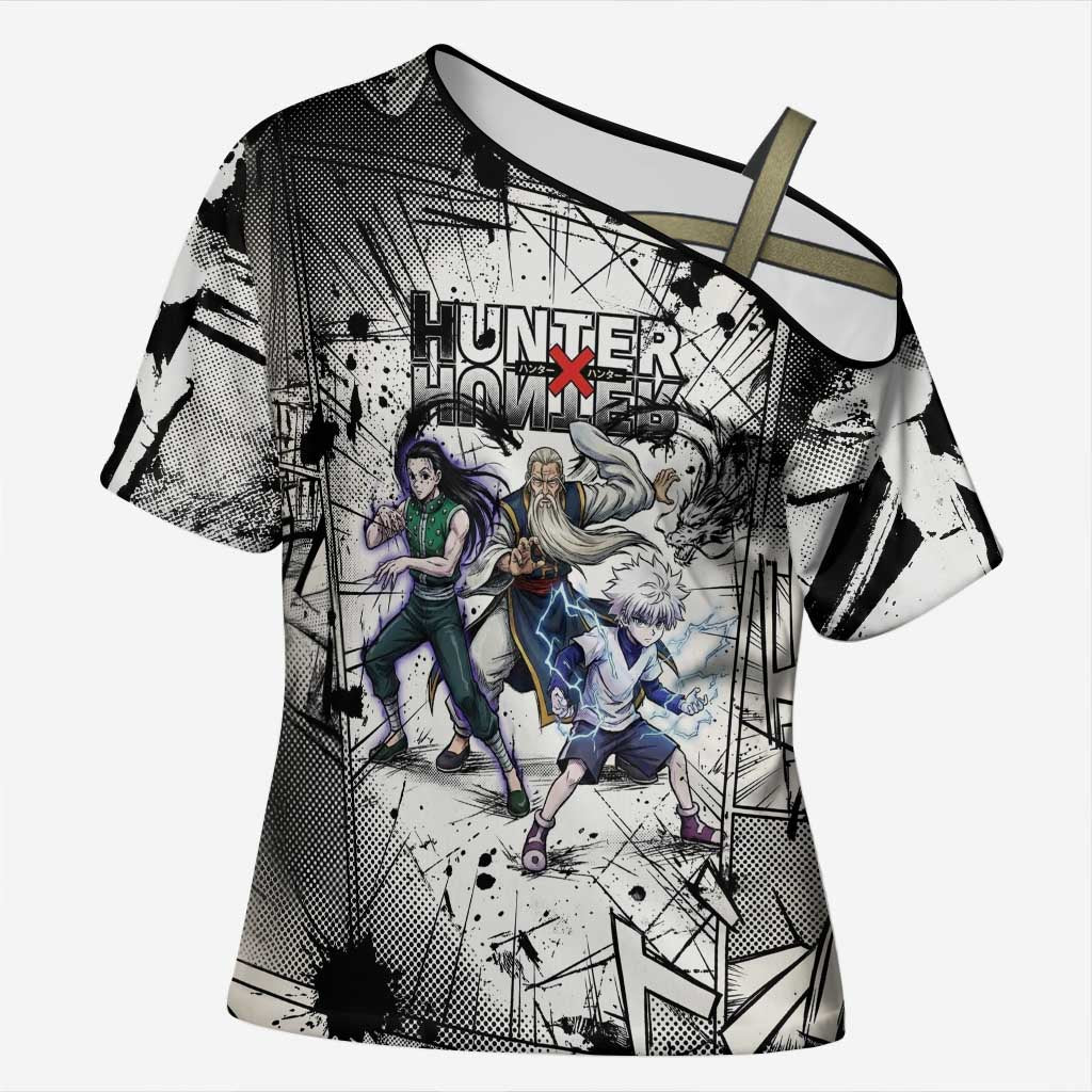 Killua Silva Illumi Team Design Cross Shoulder Shirt with Monochrome Graffiti Background and Hunter Association Symbols - The Mazicc