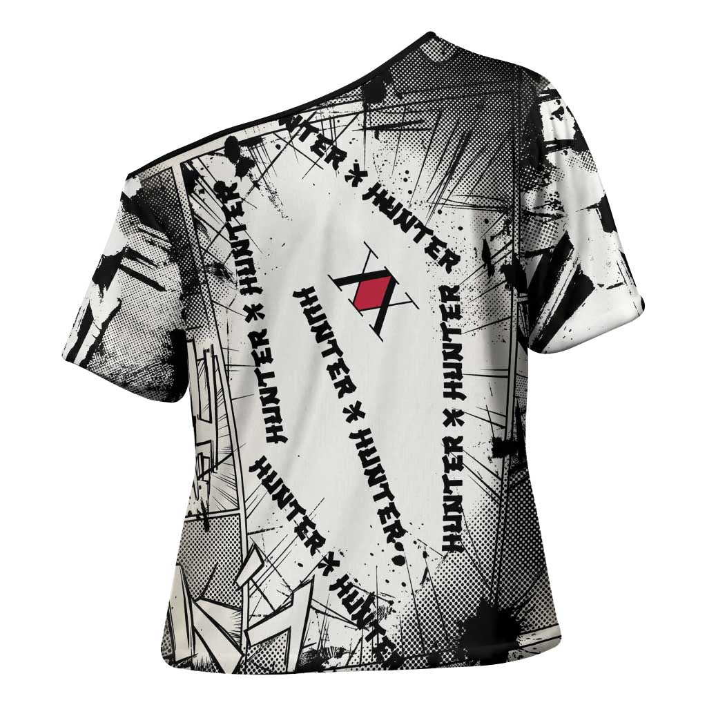 Killua Silva Illumi Team Design Cross Shoulder Shirt with Monochrome Graffiti Background and Hunter Association Symbols - The Mazicc