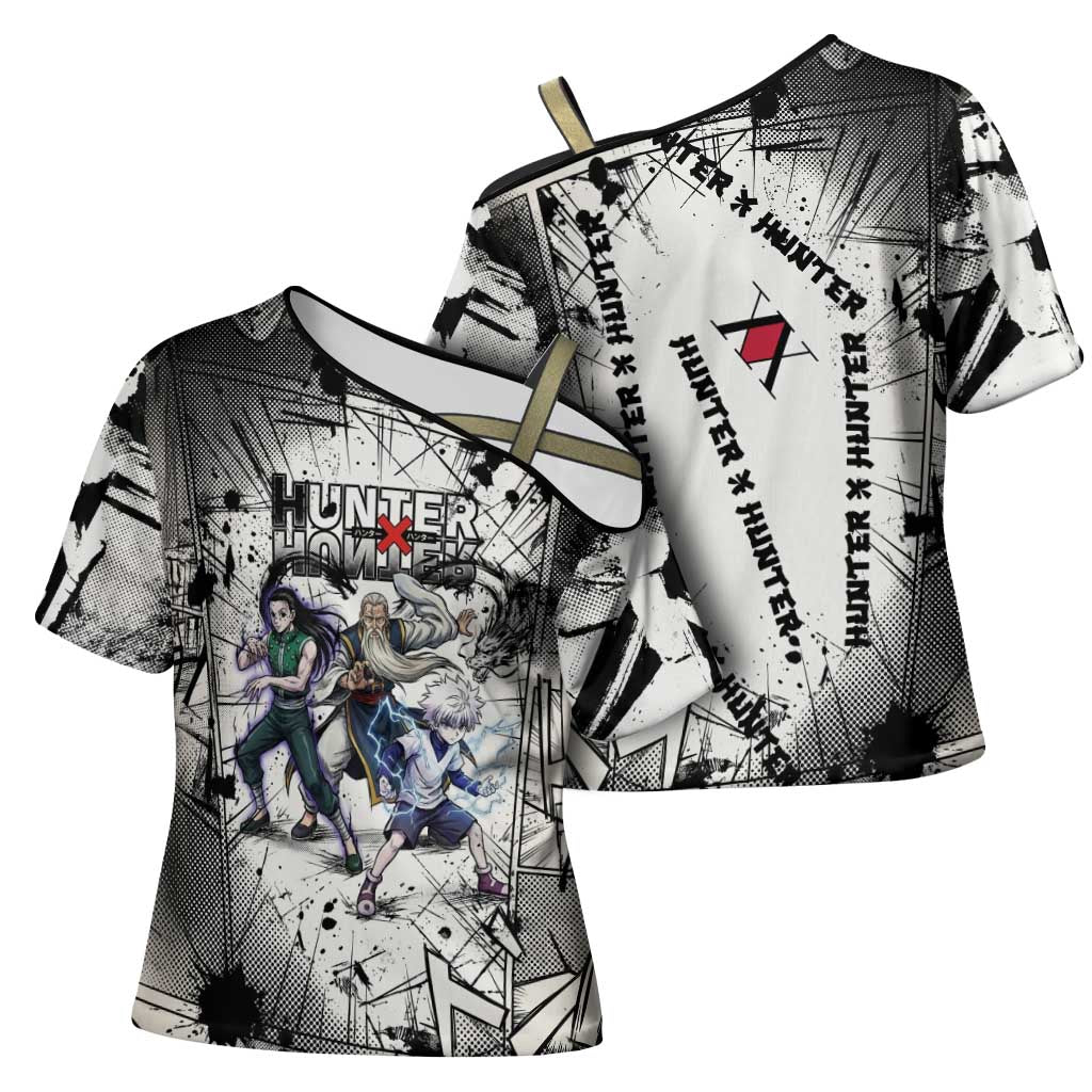 Killua Silva Illumi Team Design Cross Shoulder Shirt with Monochrome Graffiti Background and Hunter Association Symbols - The Mazicc