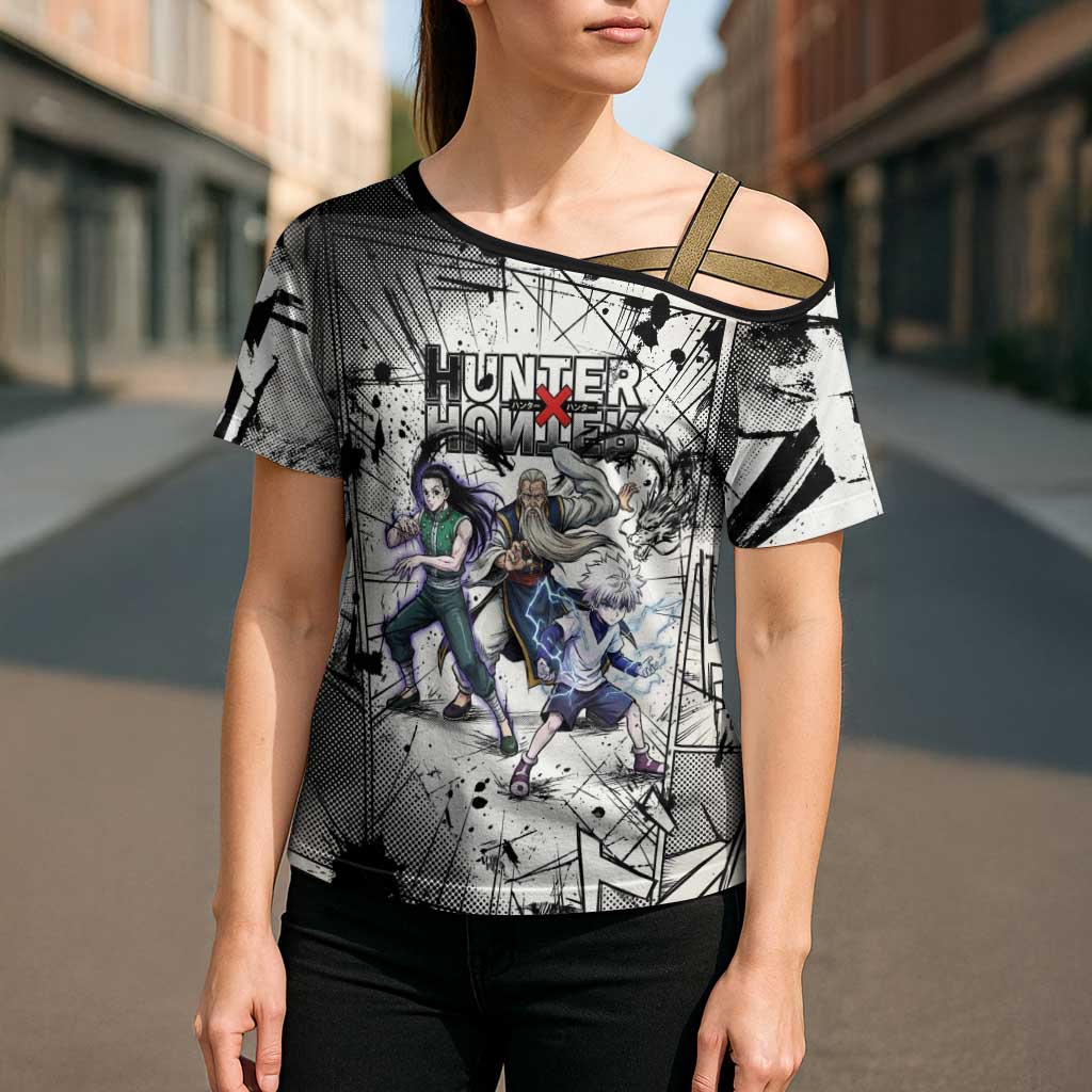 Killua Silva Illumi Team Design Cross Shoulder Shirt with Monochrome Graffiti Background and Hunter Association Symbols - The Mazicc