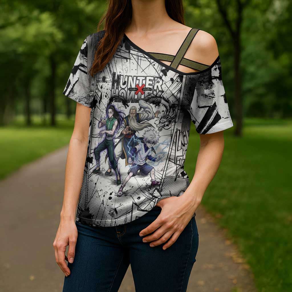 Killua Silva Illumi Team Design Cross Shoulder Shirt with Monochrome Graffiti Background and Hunter Association Symbols - The Mazicc