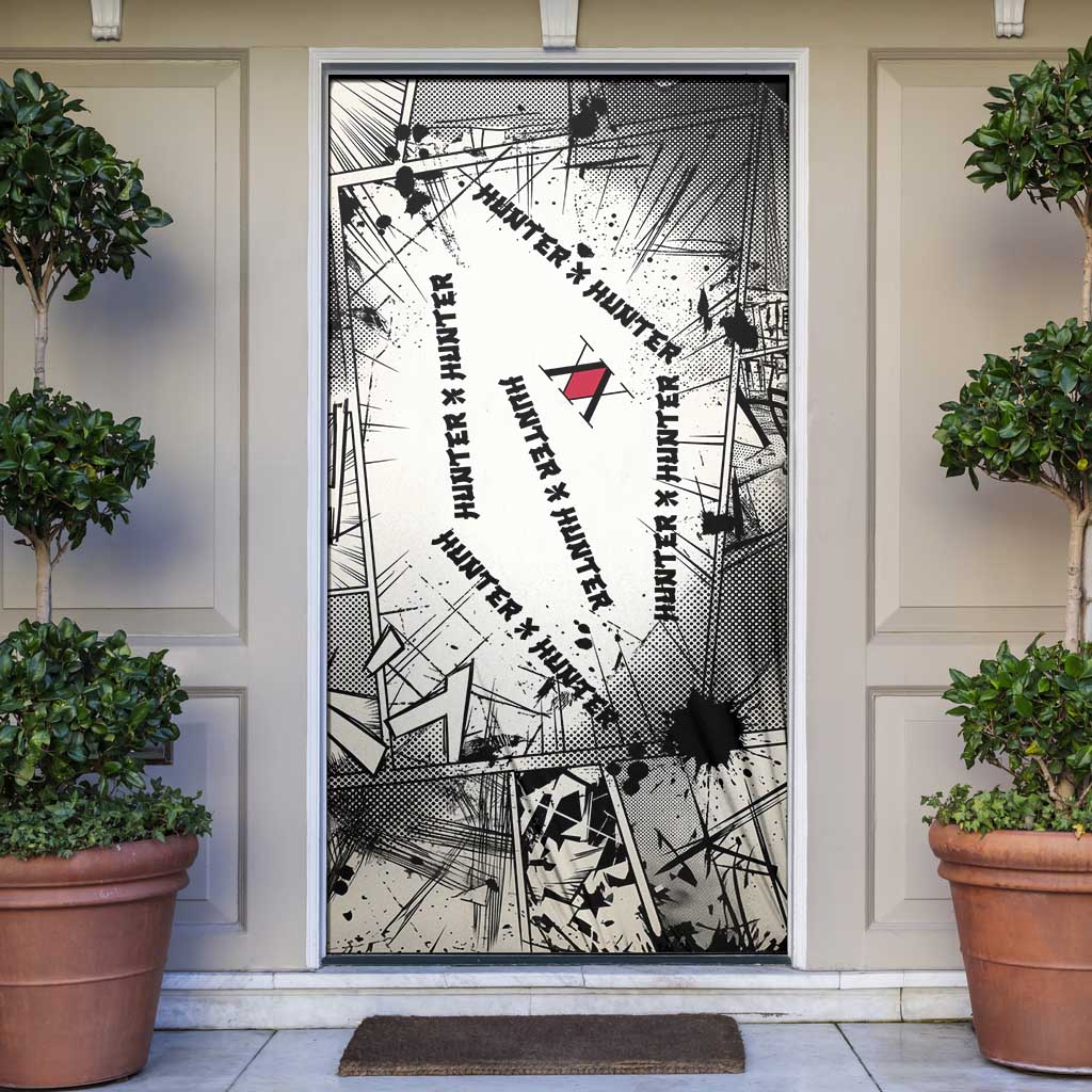 Killua Silva Illumi Team Design Door Cover with Monochrome Graffiti Background and Hunter Association Symbols - The Mazicc