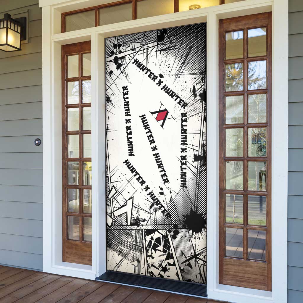 Killua Silva Illumi Team Design Door Cover with Monochrome Graffiti Background and Hunter Association Symbols - The Mazicc