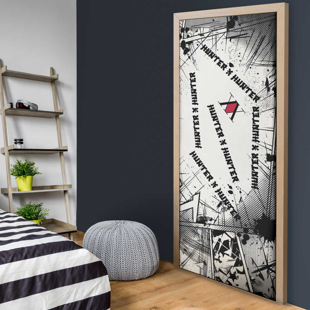 Killua Silva Illumi Team Design Door Cover with Monochrome Graffiti Background and Hunter Association Symbols - The Mazicc